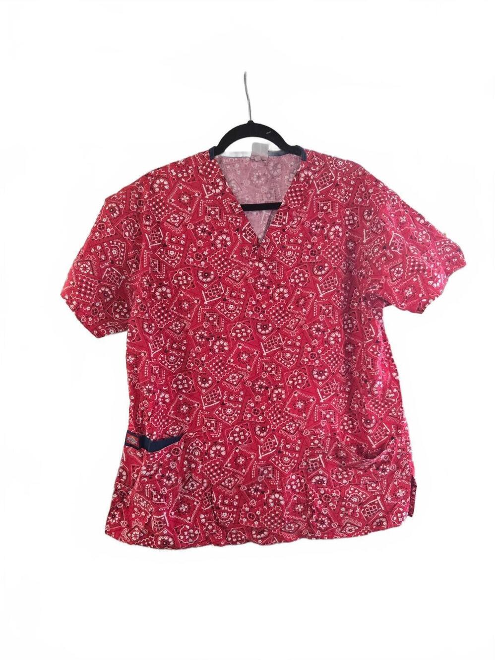Dickies Red Bandana Print Medical Scrub Top